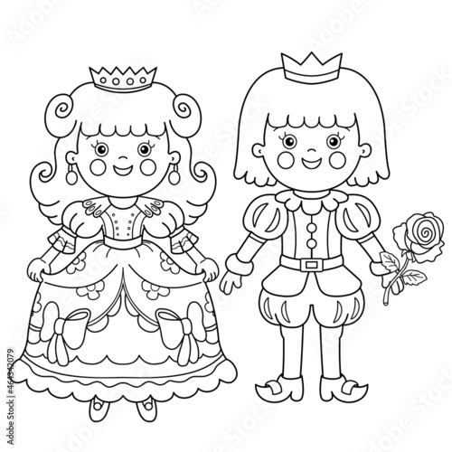 Coloring Page Outline Of cartoon lovely prince with beautiful princess. Royal wedding. Cinderella. Fairy tale hero or character. Coloring Book for kids.
