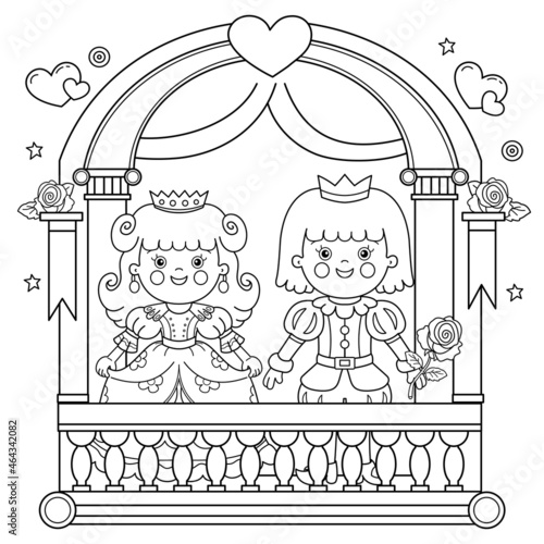 Coloring Page Outline Of cartoon lovely prince with beautiful princess. Royal wedding. Cinderella. Fairy tale hero or character. Coloring Book for kids.