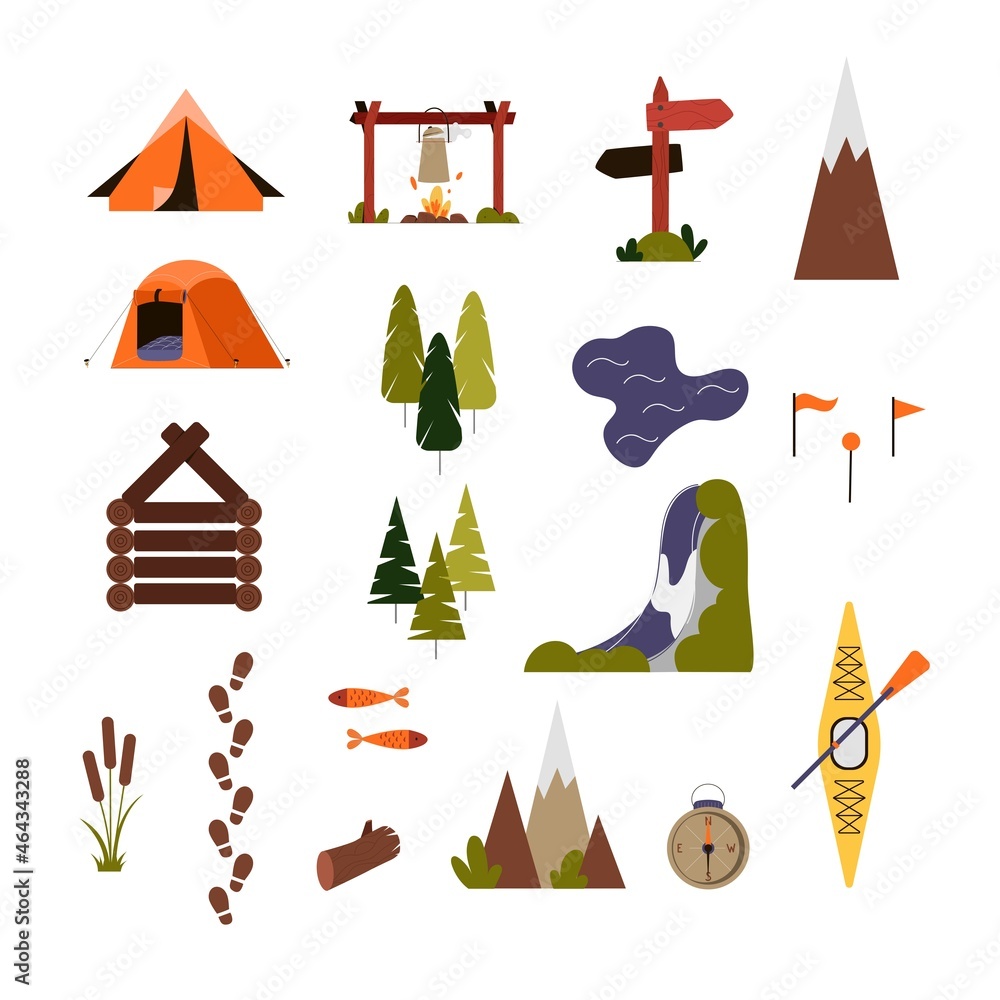 Set of vector icons for map creator, camping and hiking routes planning ...