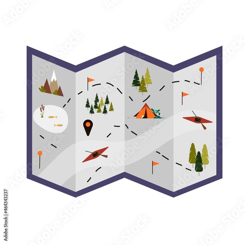 Camping, hiking and outdoor activities map, route planner. Vector illustration