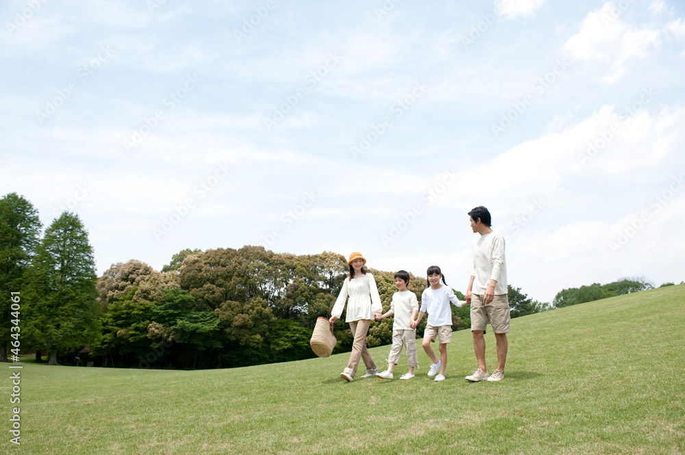 公園を手を繋いで歩く4人家族