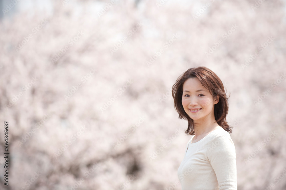 桜の花見をする女性