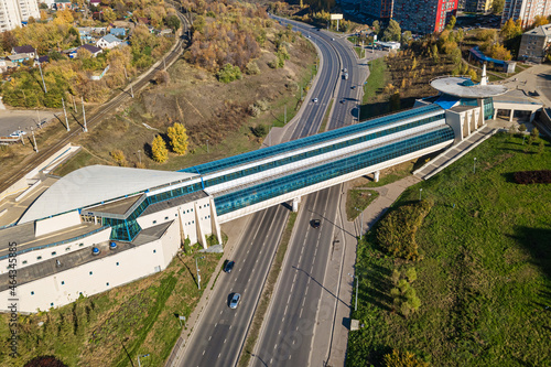  Ametievo or Ametyevo metro station in Kazan, Russia. A top view of a high-tech subway station