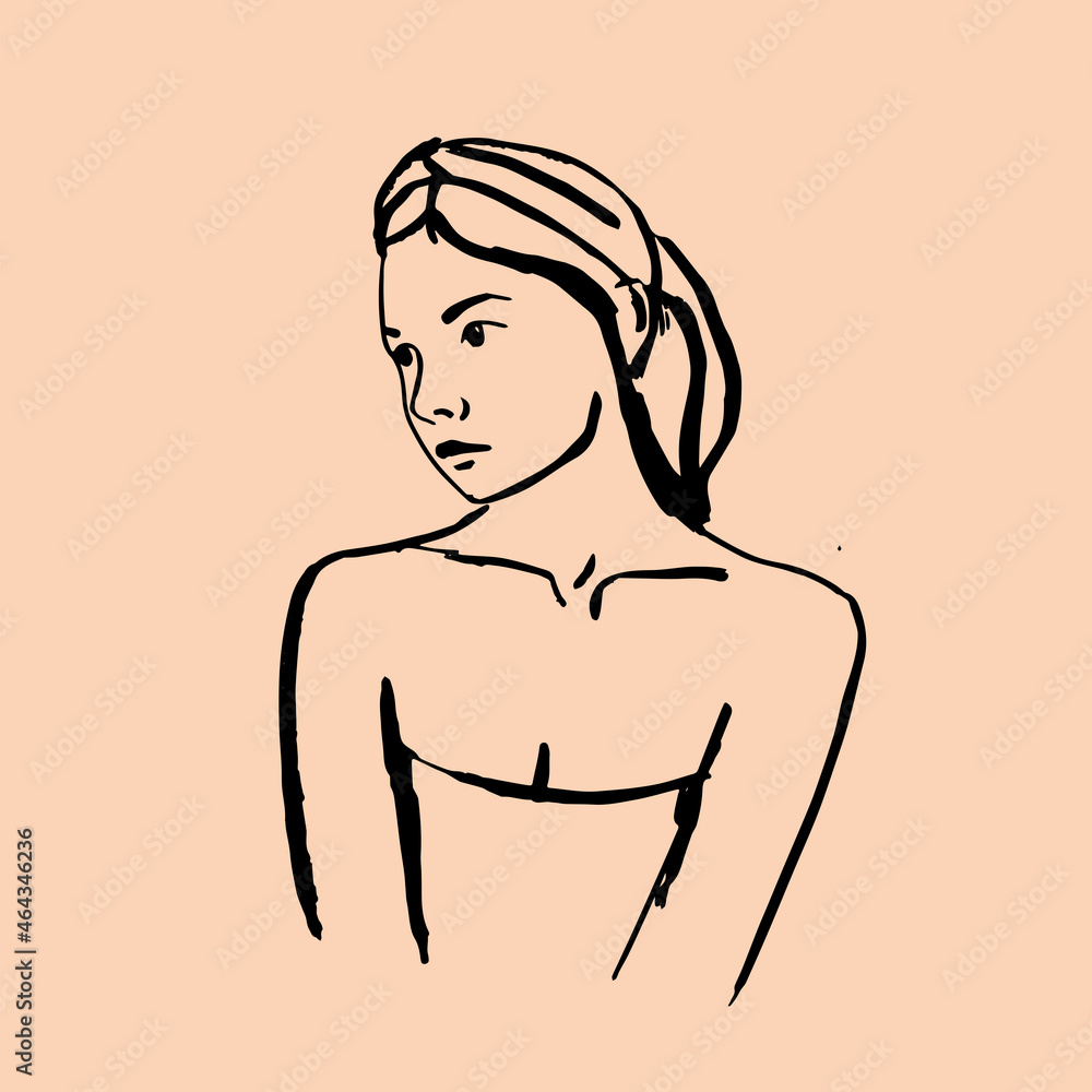 Vector illustration. Linear drawing of a beautiful woman in a headdress. The body is positive. Handicraft compositions of natural forms. Female silhouettes for wall art. Modern bohemian illustrations. Vector illustration. Linear drawing of a beautiful woman in a headdress. The body is positive. Handicraft compositions of natural forms. Female silhouettes for wall art. Modern bohemian illustrations.