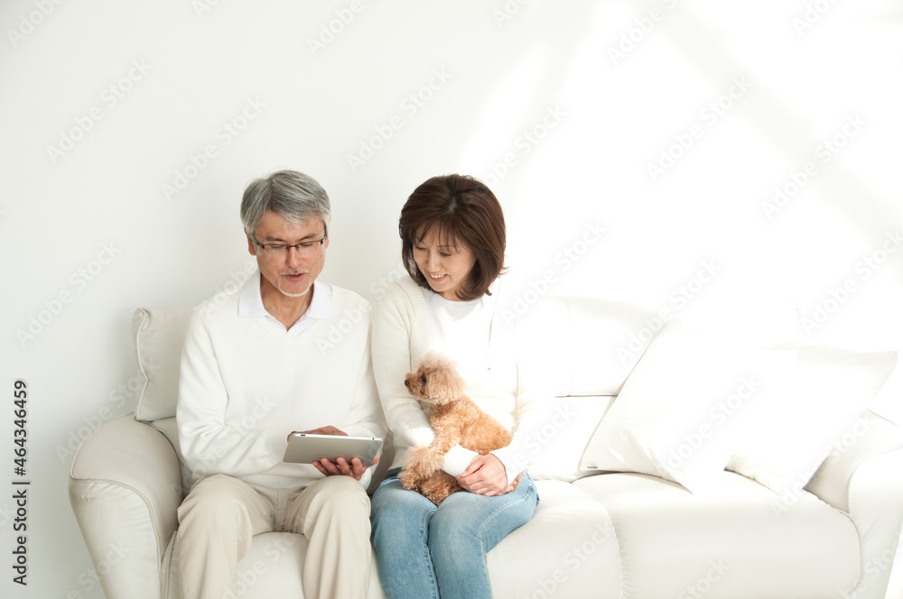 タブレットPCを見る中高年夫婦と犬 タブレットPCを見る中高年夫婦と犬
