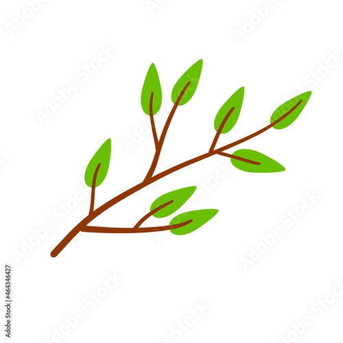 Branch with green leaves. Plant design. Element of wood and nature. Flat simple illustration