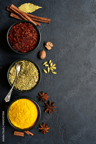 Set of spices : turmeric, saffron , dried thyme, cinnamon, nutmeg, anise. Top view with copy space.