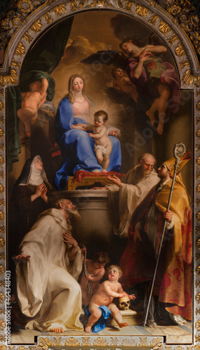 ROME, ITALY - AUGUST 30, 2021: The painting of Madonna with the St. Rudolf, bl. Peter, bl. Castora, bl. Forte in the church Chiesa di San Gregorio al Cielo by Pompeo Batoni (1730).