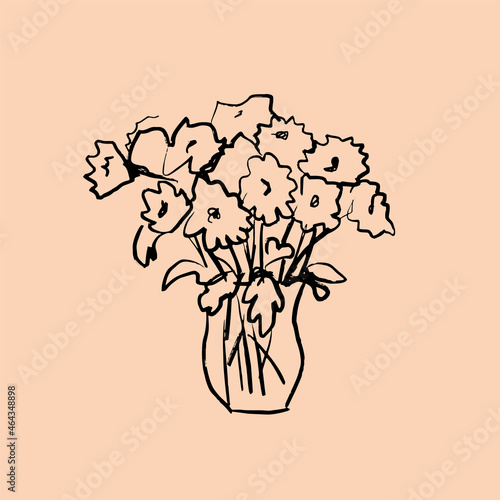 Vector illustration. Flowers in a glass vase. Natural shapes. Drawing for wall art. Modern bohemian illustrations. Fine art elements.