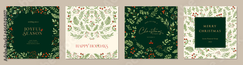 Ornate Merry Christmas Corporate Holiday greeting cards. Trendy square Winter Holidays art templates. Suitable for social media post, mobile apps, banner design and web, internet ads. 