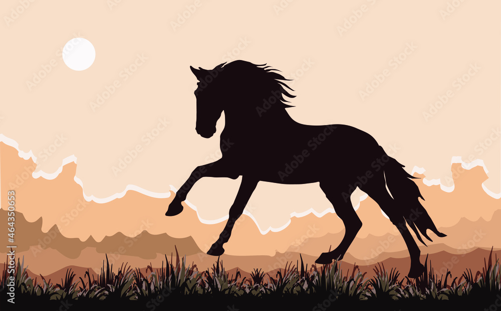 dark silhouette of a wild horse galloping on the grass against the sky, vector isolated color image
dark silhouette of a wild horse galloping on the grass against the sky, vector isolated color image