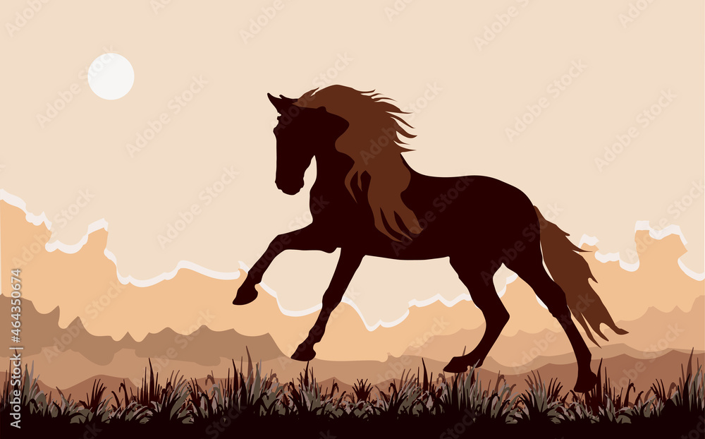 dark silhouette of a wild horse galloping on the grass against the sky, vector isolated color image
dark silhouette of a wild horse galloping on the grass against the sky, vector isolated color image