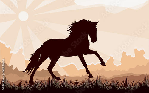 dark silhouette of a wild horse galloping on the grass against the background of the sky and the rays of the sun, vector isolated color image 