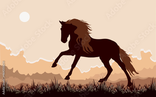 dark silhouette of a wild horse galloping on the grass against the sky, vector isolated color image 