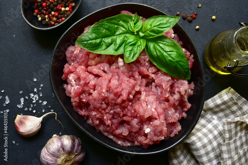 Fresh minced meat with ingredients for cooking. Top view with copy space.