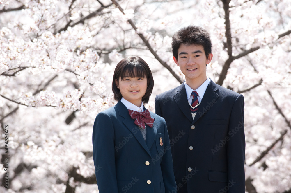 桜と高校生男女 桜と高校生男女