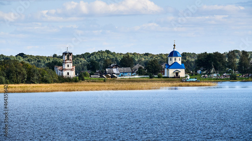 Russia. Ruins of the Nikolskaya Church and the Church of the Tikhvin Icon of the Mother of God in Sennaya Guba on the Big Klimetsky Island of Lake Onega