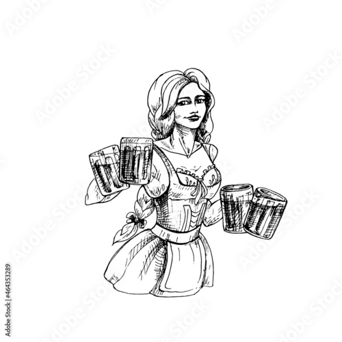 Woman wearing a traditional Bavarian dress holding two beer mug. Vintage Bavarian