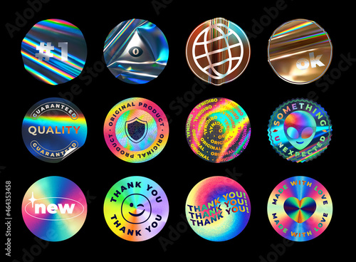 Iridescent holographic foil stickers. Holo emblems, round original and quality guaranteed labels. Textured foiled circles vector illustration set