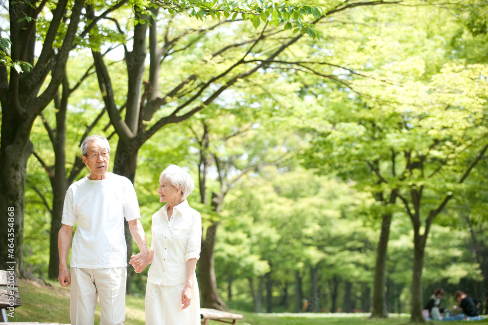 公園を散歩するシニア夫婦