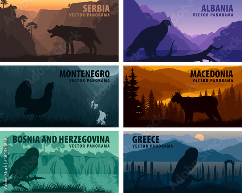 vector set of panorams countries Balkan Countries with animals - Guatemala, Mexico, Honduras, Nicaragua, Panama, Costa Rica