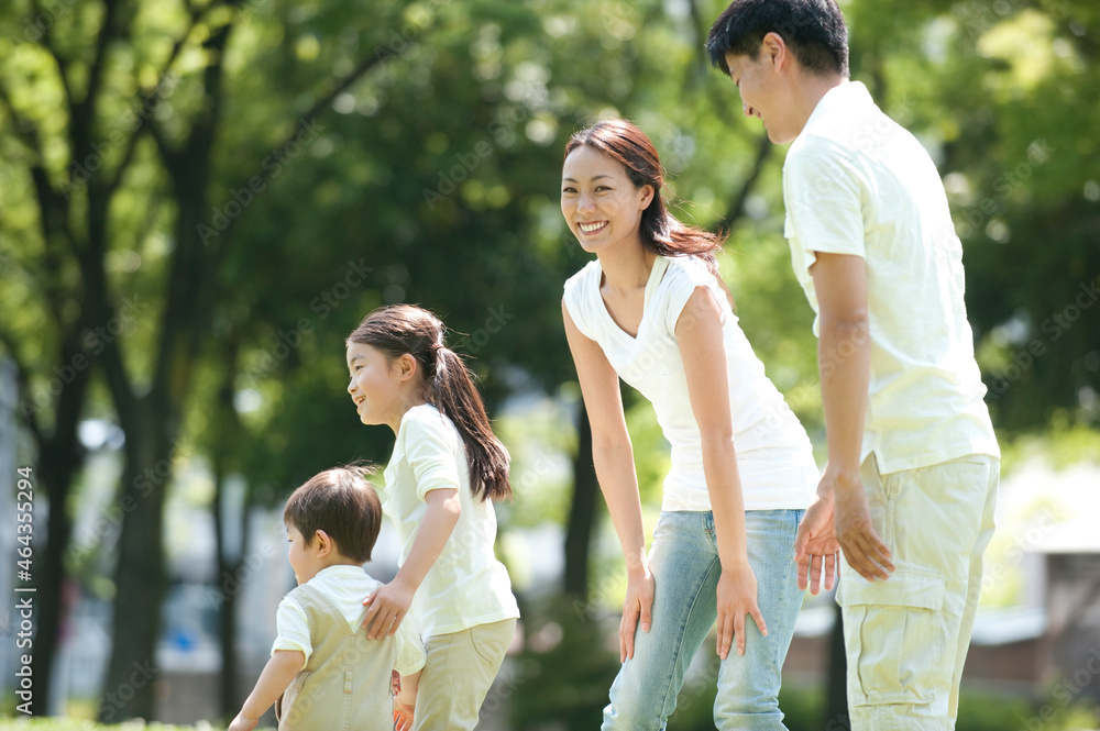 芝生の公園で遊ぶ家族