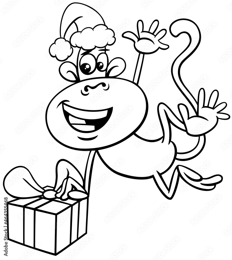 monkey animal character on Christmas time coloring book page monkey animal character on Christmas time coloring book page