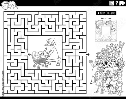 maze with Santa Claus and people coloring book page