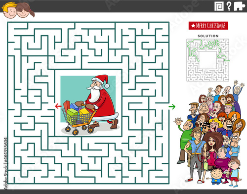 maze game with cartoon Santa Claus and people crowd