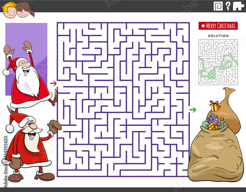 maze game with cartoon Santa Claus characters and gifts