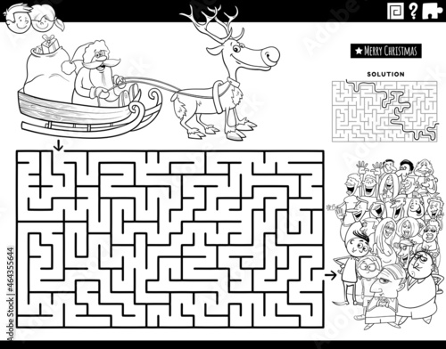 maze with Santa Claus on sleigh and people coloring book page