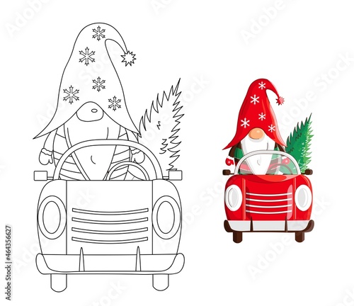 Coloring book page with christmas gnome in truck. Vector outline illustration