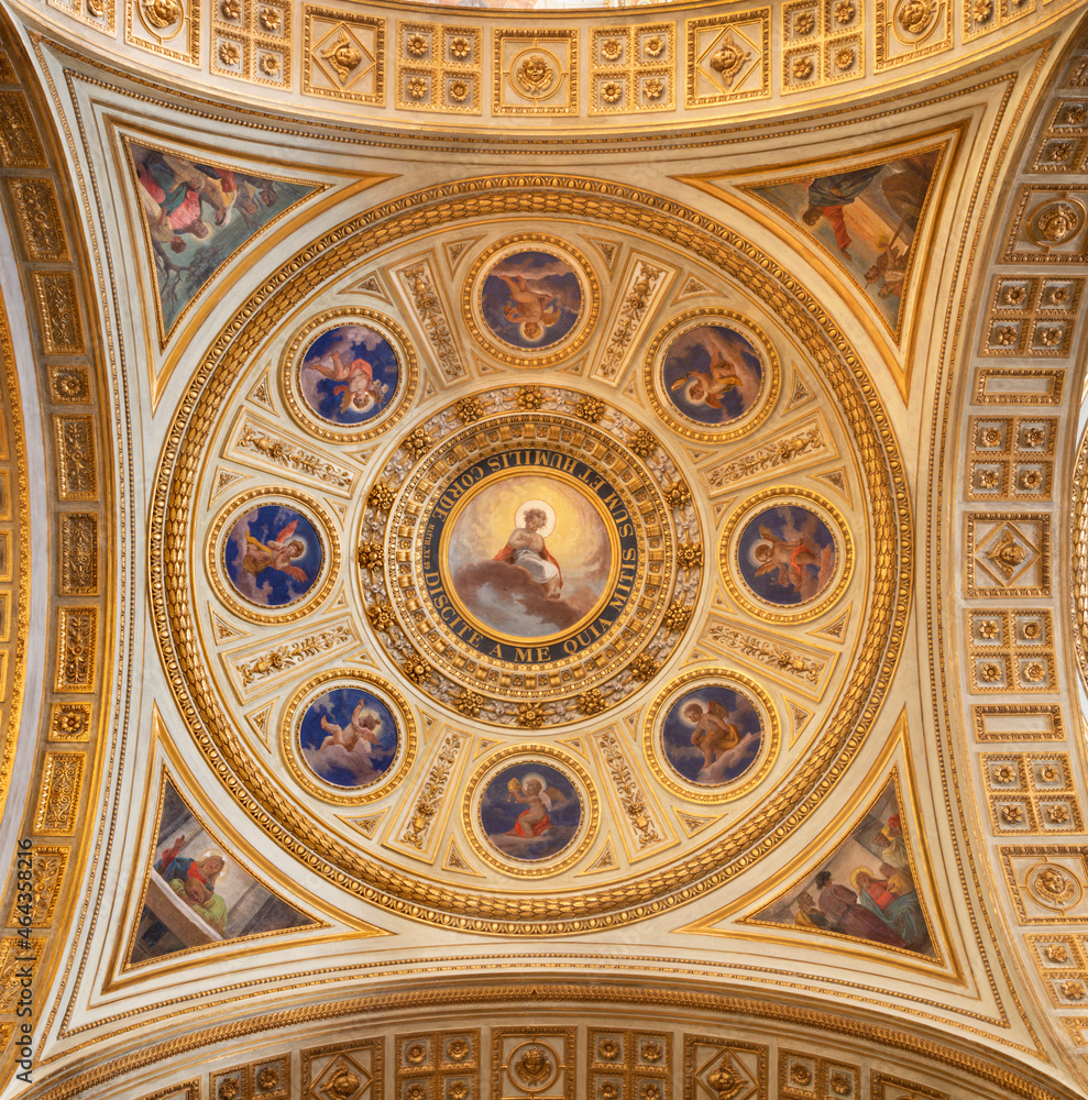 ROME, ITALY - AUGUST 31, 2021: The ceiling fresco side cupola in the church Chiesa del Sacro Cuore di Gesù by Virginio Monti (1852 - 1942).