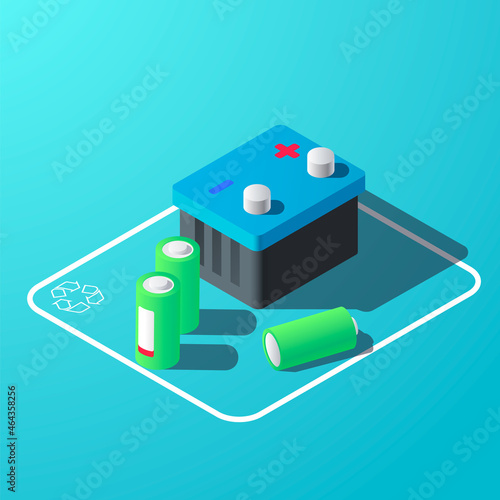 Recycling sign with used acid and lithium batteries . Used batteries recycling concept. 3D Isometric Flat Vector Illustration photo