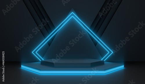 Sci Fi Pedestal, Podium, Place For Product. Colored Neon Glow. 3D Rendering Image.