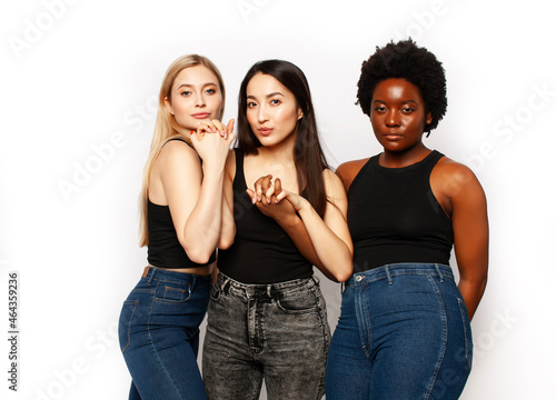 diverse multi nation girls group, teenage friends company cheerful having fun, happy smiling, cute posing isolated on white background, lifestyle people concept, african-american, asian and caucasian