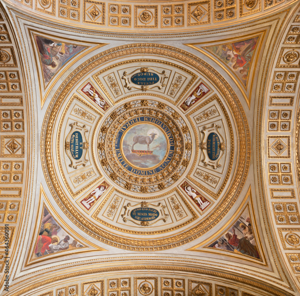 ROME, ITALY - AUGUST 31, 2021: The ceiling fresco of Lamb of God in the centre of side cupola in the church Chiesa del Sacro Cuore di Gesù by Virginio Monti (1852 - 1942).
