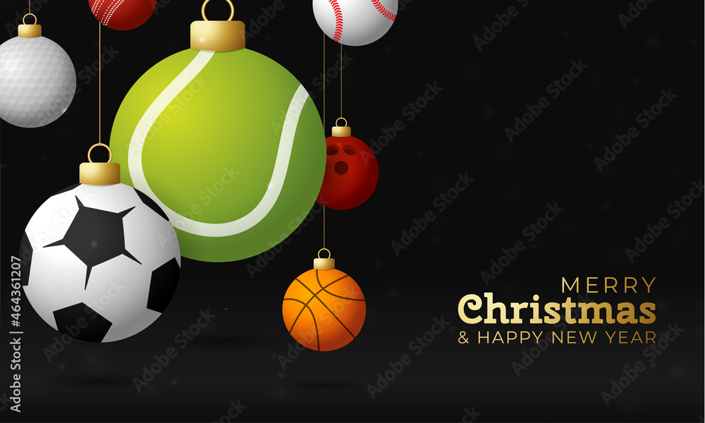 Sport christmas greeting card. Christmas card with sport baseball, basketball, football, tennis, cricket, soccer, volleyball, bowling, billiard balls hang on a thread. Vector illustration
