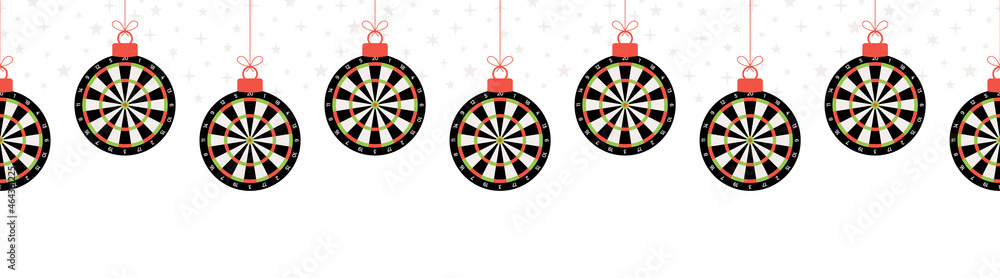 Christmas dart seamless horizontal pattern. Hang on a thread flat cartoon as a Christmas dartboard ball on white horizontal background. Sport Vector illustration.