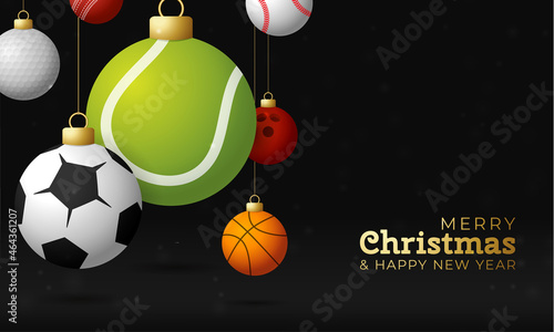 Sport christmas greeting card. Christmas card with sport baseball, basketball, football, tennis, cricket, soccer, volleyball, bowling, billiard balls hang on a thread. Vector illustration