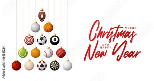 Sport Christmas illustration. Creative Xmas tree made by football, soccer, basketball, cricket, golf, baseball, tennis ball. Christmas and new year realistic Vector Sport greeting card banner