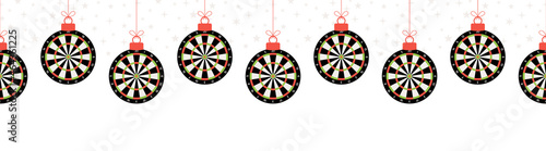 Christmas dart seamless horizontal pattern. Hang on a thread flat cartoon as a Christmas dartboard ball on white horizontal background. Sport Vector illustration.