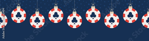 Christmas casino seamless horizontal pattern. Hang on a thread flat cartoon as a Christmas casino chip ball on blue horizontal background. Sport Vector illustration.