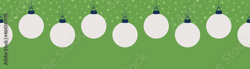 Christmas golf seamless horizontal pattern. Hang on a thread flat cartoon golf as a Christmas ball on green horizontal background. Sport Vector illustration.