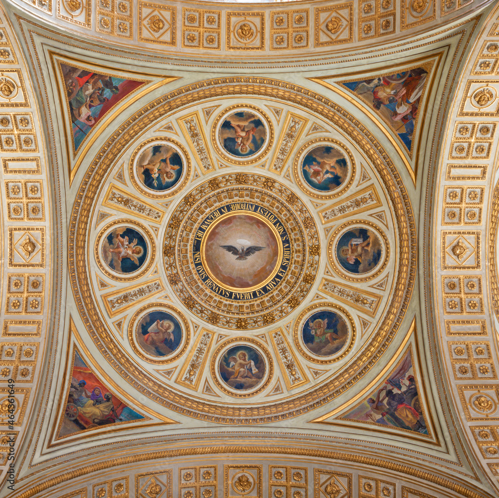 ROME, ITALY - AUGUST 31, 2021: The ceiling fresco (Holy Spirit, Baptism of Eunuch) in the side cupola in the church Chiesa del Sacro Cuore di Gesù by Virginio Monti (1852 - 1942).