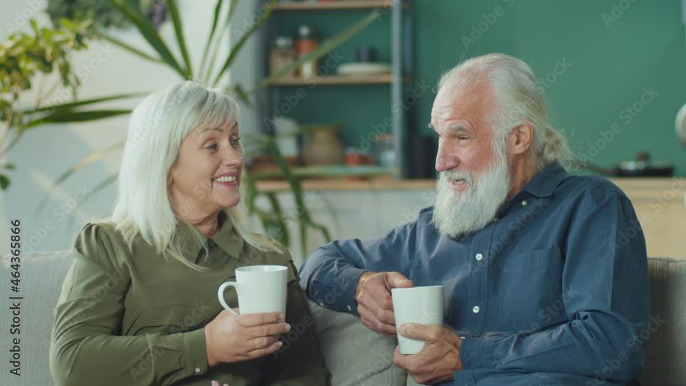 The Affectionate Elderly Couple is Relaxing on the Couch Enjoying a Pleasant Conversation While Holding Cups of Hot Tea. Happy Elderly Couple Relaxing at Home. Seniors Happy Lifestyle Concept. The Affectionate Elderly Couple is Relaxing on the Couch Enjoying a Pleasant Conversation While Holding Cups of Hot Tea. Happy Elderly Couple Relaxing at Home. Seniors Happy Lifestyle Concept.