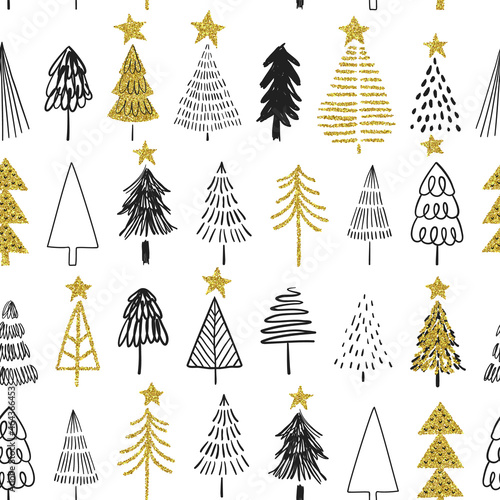 Christmas gold glitter pine tree seamless pattern