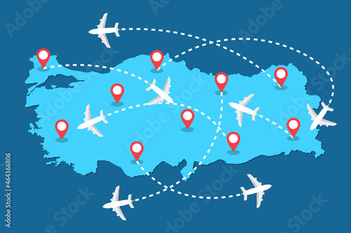 Planes routes flying over Turkey map, tourism and travel concept Illustrations