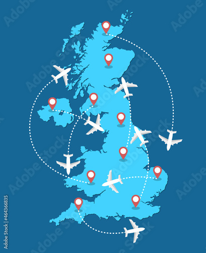 Planes routes flying over United Kingdom map, tourism and travel concept Illustrations