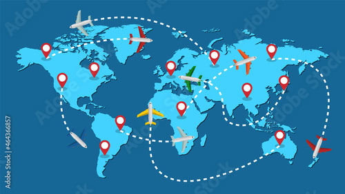 Planes routes flying over world map, tourism and travel concept Illustrations